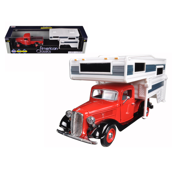 Motormax 1937 Ford Pickup Truck & Camper Red/White 1/24