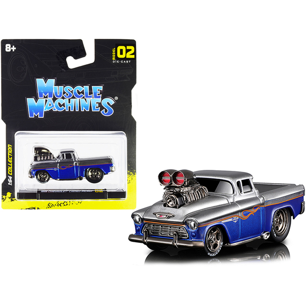 Muscle Machines 1955 Chevy Cameo Pickup Gray/Blue Flames 1:64