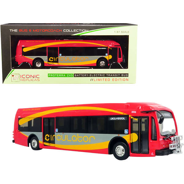 Iconic Replicas Proterra ZX5 Electric Bus - DC Circulator Red/Gray/Yellow 1/87 HO