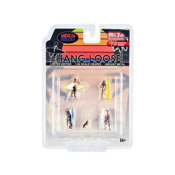 American Diorama Hang Loose Surfer Figures & Dog 5-Piece 1/64 Scale Set