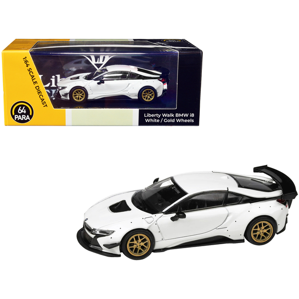 Paragon BMW i8 Liberty Walk, White/Gold Wheels, 1/64 Diecast (2.75 in)