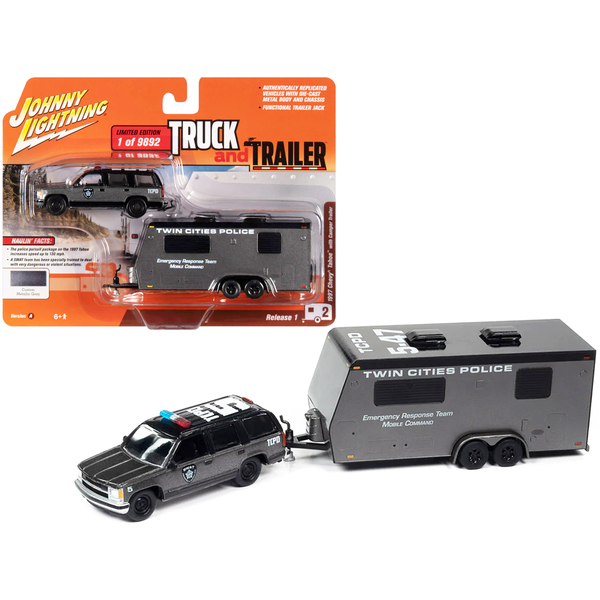 Johnny Lightning 1997 Chevy Tahoe SWAT & Twin Cities Police Trailer HO