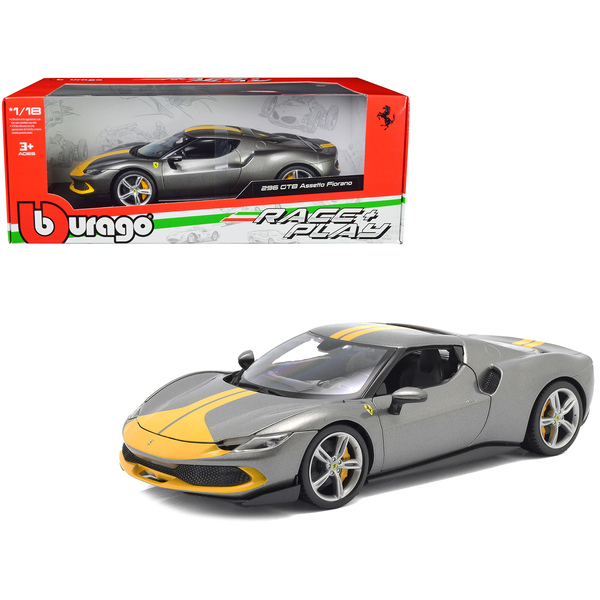 Bburago 1/18 Gray Ferrari 296 GTB Assetto Fiorano - Yellow Stripes