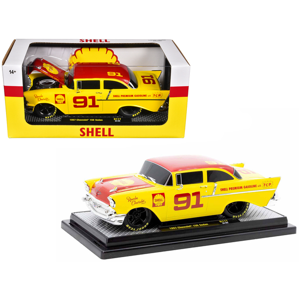 M2 Machines 1957 Chevy 150 Sedan - Shell Oil Yellow/Red