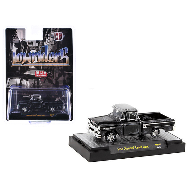 M2 1958 Chevrolet Cameo Pickup Black Metallic Lowrider 1/64 Diecast