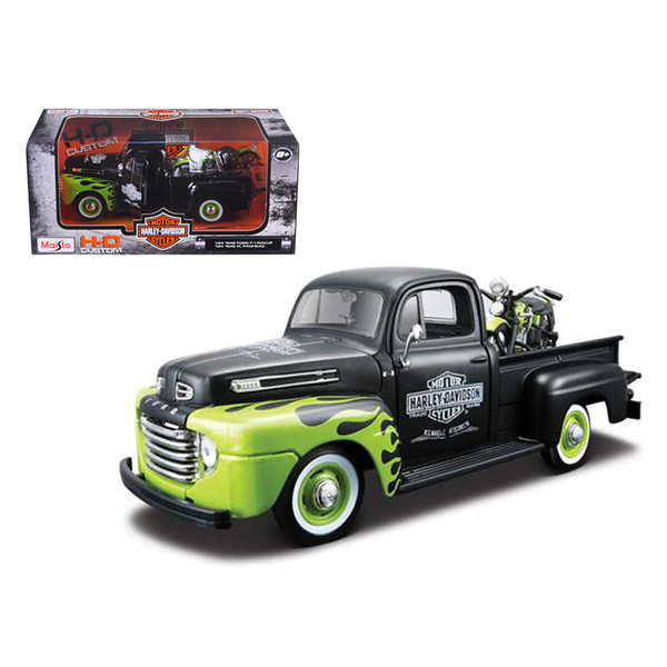 Maisto 1948 Ford F-1 Pickup & Harley Davidson Motorcycle Black & Green 1/24