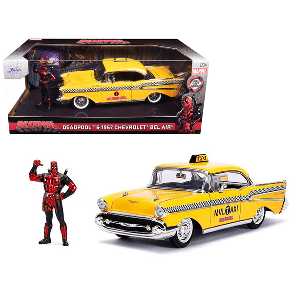 Jada 1957 Chevy Bel Air Taxi Yellow with Deadpool Figurine 1/24