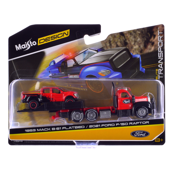 Maisto Elite Transport: Red Mack Flatbed & Ford Raptor Set
