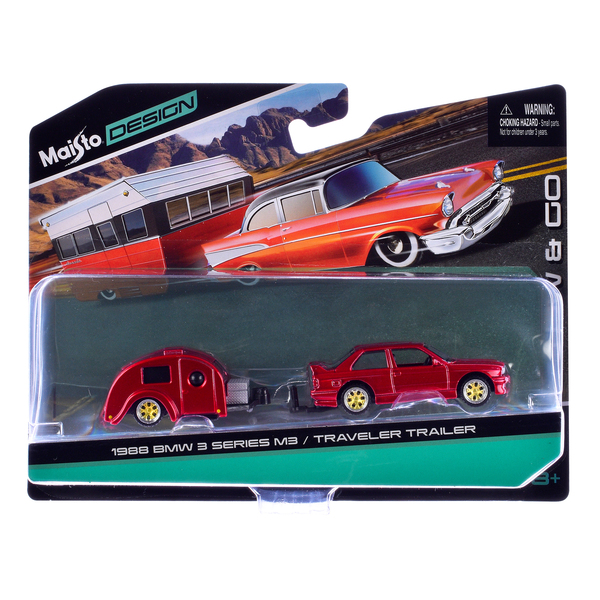 Maisto 1988 BMW M3 & Traveler Trailer Set: Red Metallic