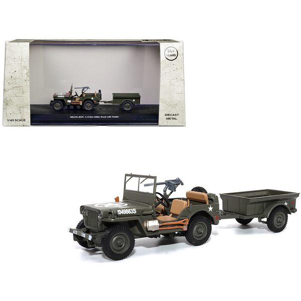 Militaria Die Cast Willys Jeep: Olive Drab w/ Trailer 1/43