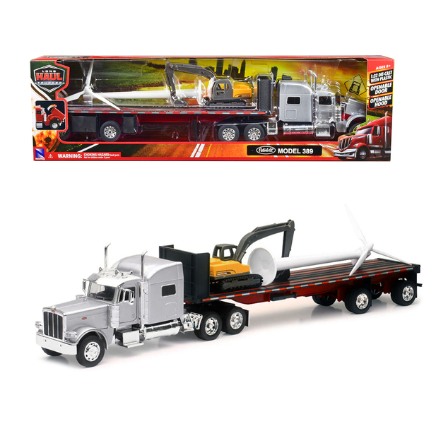 New Ray Peterbilt 389 Flatbed w/ Excavator & Wind Turbine 1/32