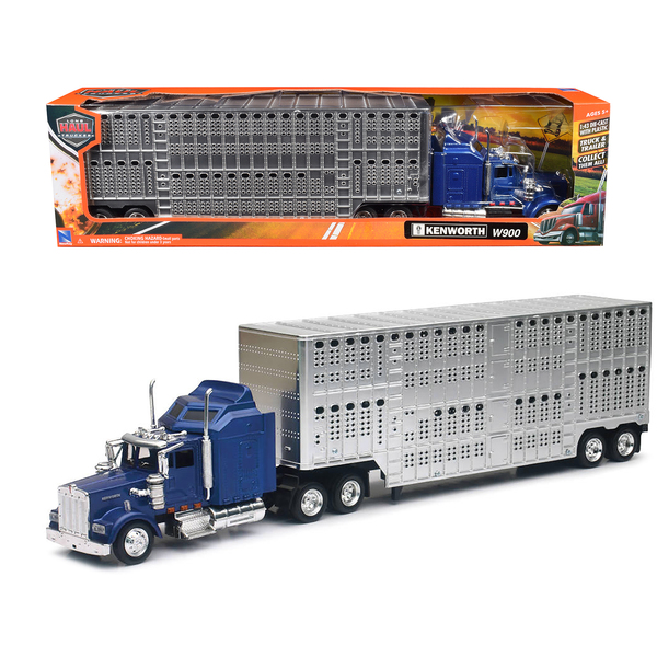 New Ray Kenworth W900 Truck Blue w/ Chrome Livestock Trailer 1/43