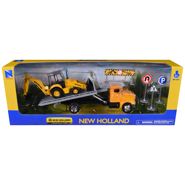 New Ray Peterbilt 335 Flatbed Truck & New Holland Backhoe Loader Set