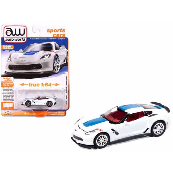 Autoworld '18 Corvette Grand Sport: Arctic White/Blue Stripe 1/64