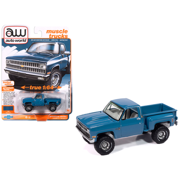 Auto World 1981 Chevy Silverado Stepside Pickup - Blue 1/64