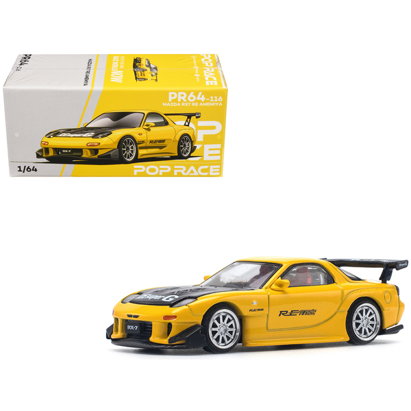Pop Race Mazda RX7 RE Amemiya Yellow w/ Carbon Hood 1/64