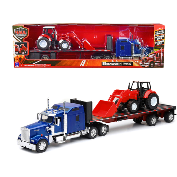 New Ray Blue Kenworth W900 & Flatbed Truck w/ Red Tractor 1:32