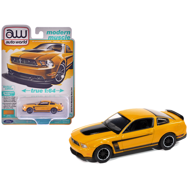 Autoworld 2012 Ford Mustang Boss 302 1/64 Diecast - Yellow Blaze/Black Accents