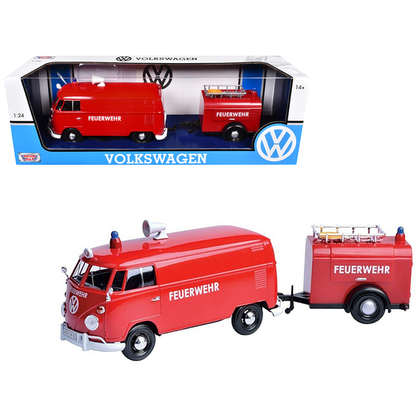 Motormax Volkswagen T1 Fire Van & Trailer - Red 1/24 Scale